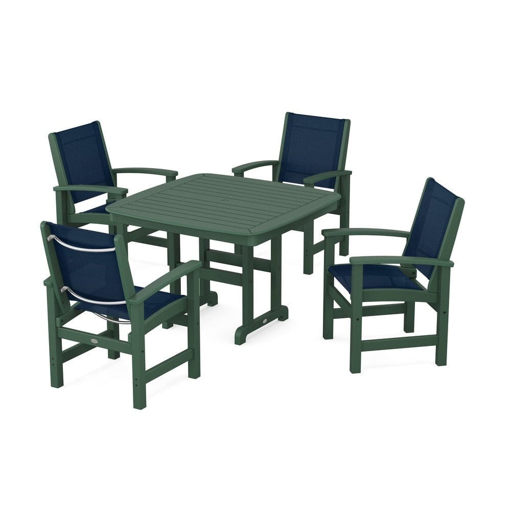 POLYWOOD® Outdoor Furniture Green / Navy Blue Sling POLYWOOD® - Coastal 5-Piece Dining Set - PWS914