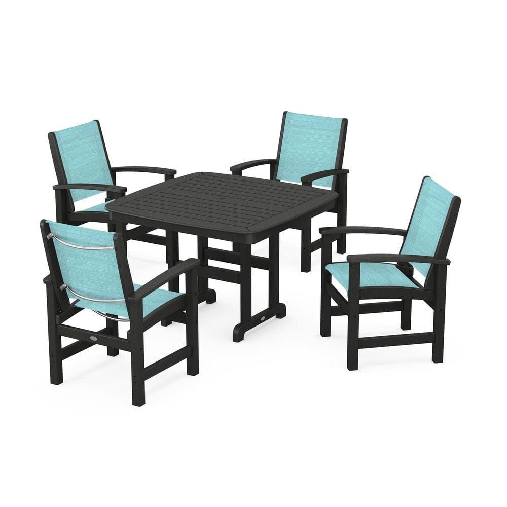 POLYWOOD® Outdoor Furniture Black / Dupioni Aquamarine Sling POLYWOOD® - Coastal 5-Piece Dining Set - PWS914