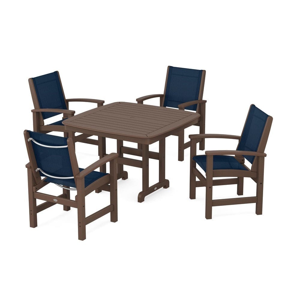 POLYWOOD® Outdoor Furniture Mahogany / Navy Blue Sling POLYWOOD® - Coastal 5-Piece Dining Set - PWS914