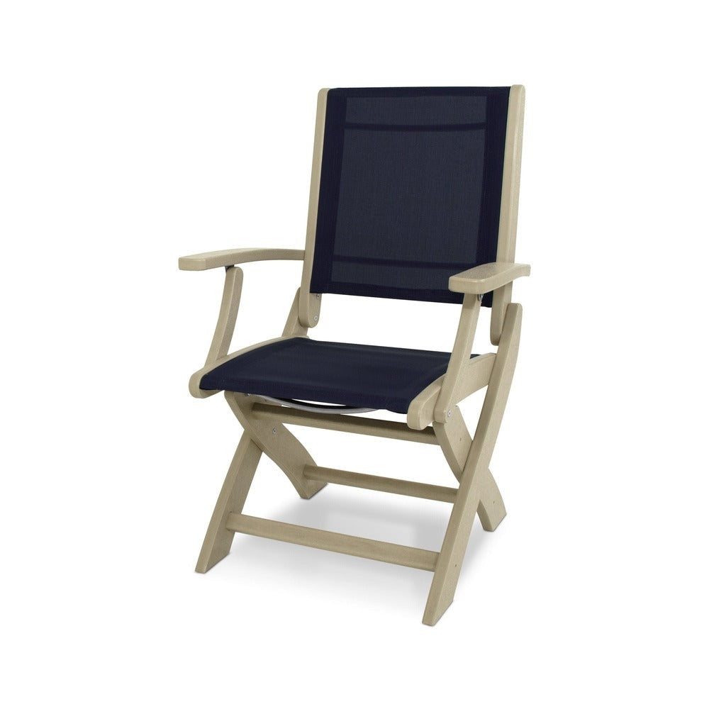 POLYWOOD® Chair Sand / Navy Blue Sling POLYWOOD® Coastal Folding Chair - 9000