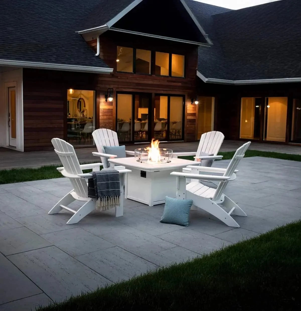 POLYWOOD® Nautical Curveback Adirondack 5-Piece Conversation Set with Fire Pit Table - PWS409-1