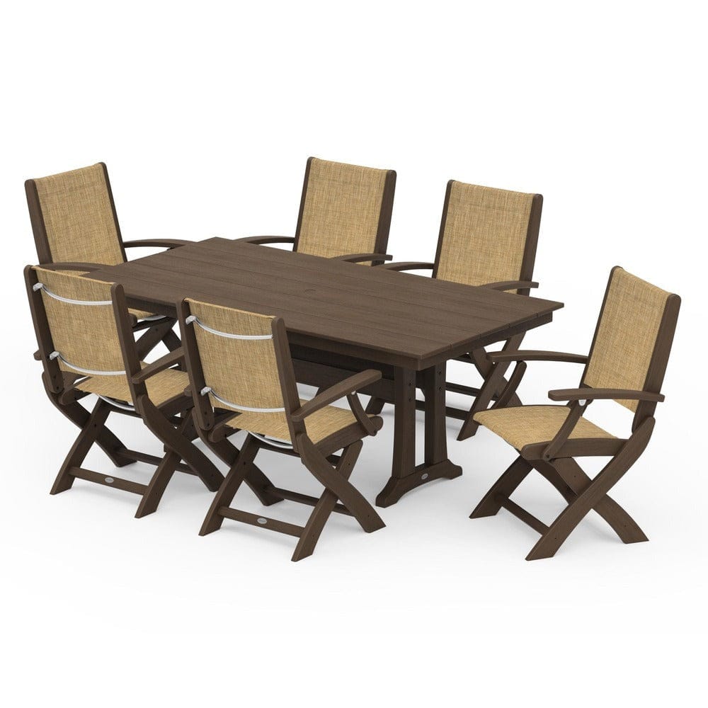 POLYWOOD® - Coastal Folding Arm Chair 7-Piece Farmhouse Dining Set with Trestle Legs - PWS292