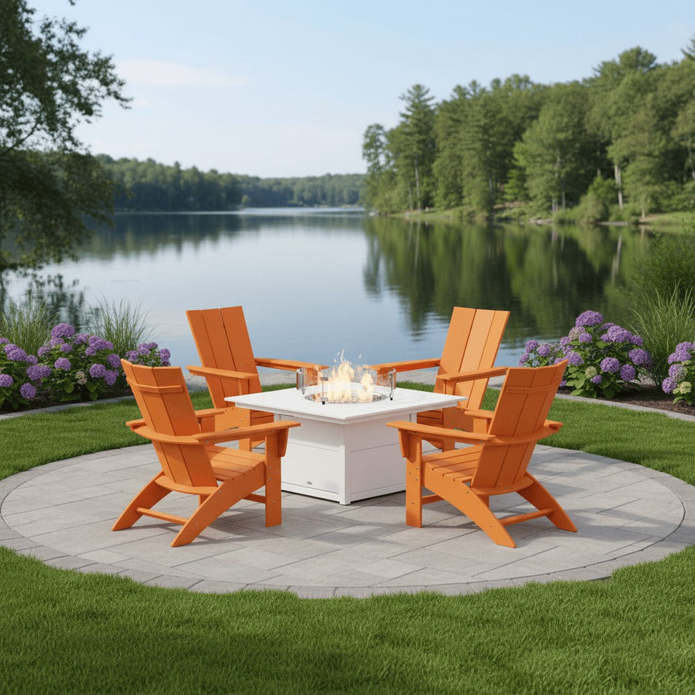 POLYWOOD® Modern Curveback Adirondack 5-Piece Conversation Set with Fire Pit Table - PWS412-1 Fire Table POLYWOOD®
