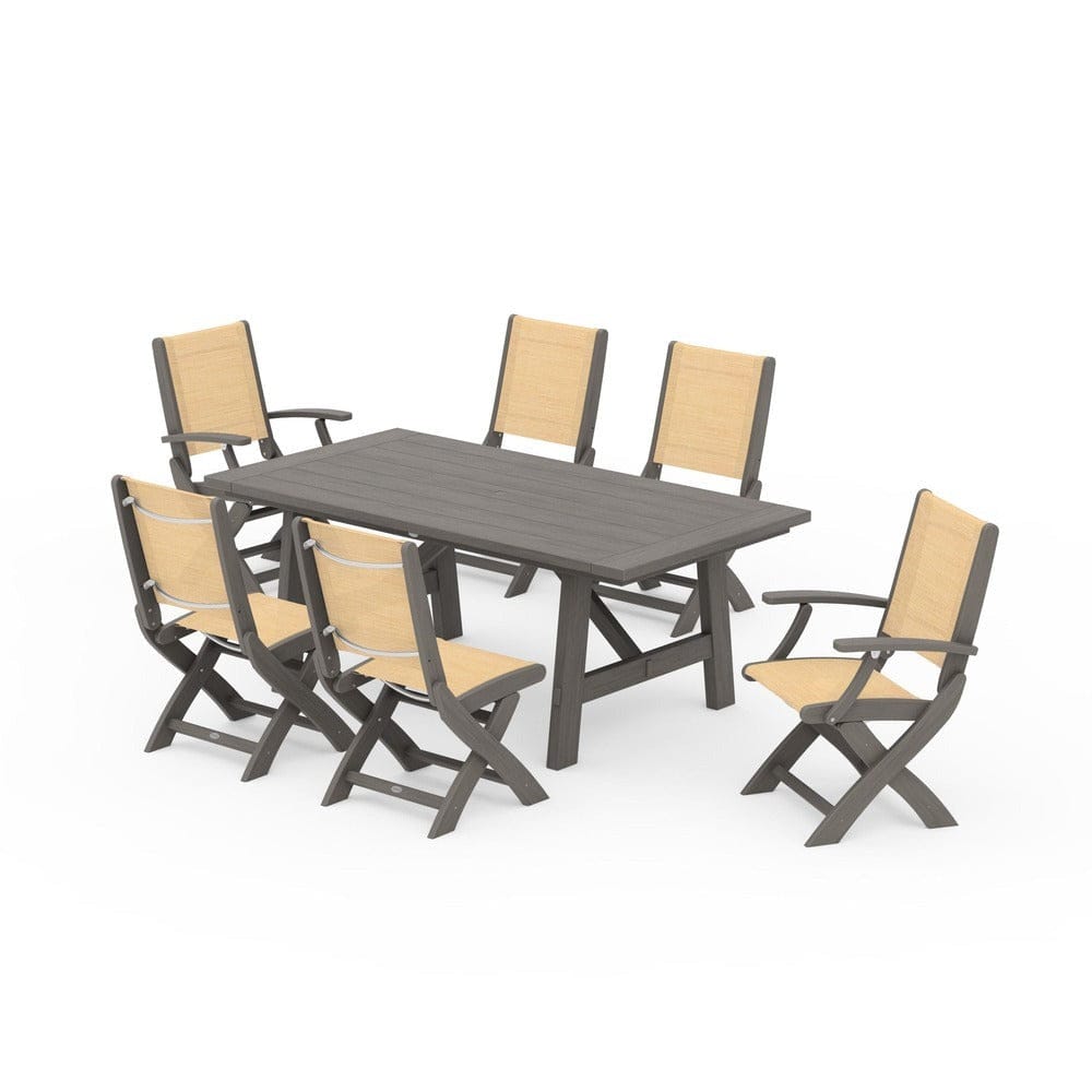 POLYWOOD® - Coastal Folding Chair 7-Piece Rustic Farmhouse Dining Set - PWS1078