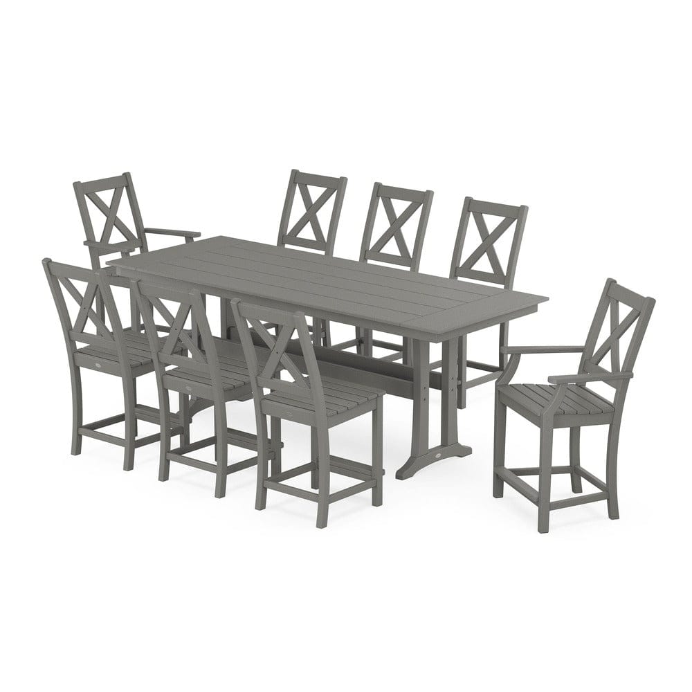 POLYWOOD® Braxton 9-Piece Farmhouse Counter Set with Trestle Legs - Slate Grey PWS1895-1-GY