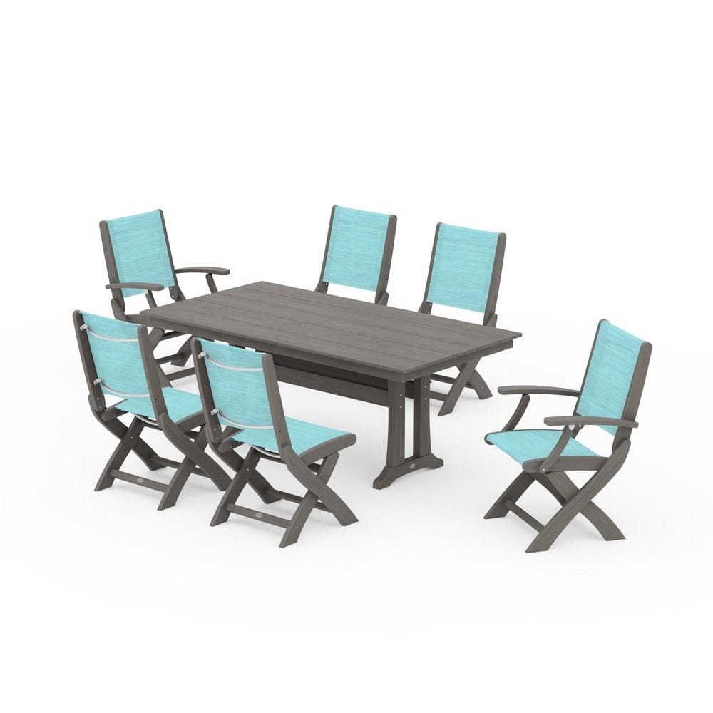 POLYWOOD® - Coastal Folding Chair 7-Piece Farmhouse Dining Set with Trestle Legs - PWS1001
