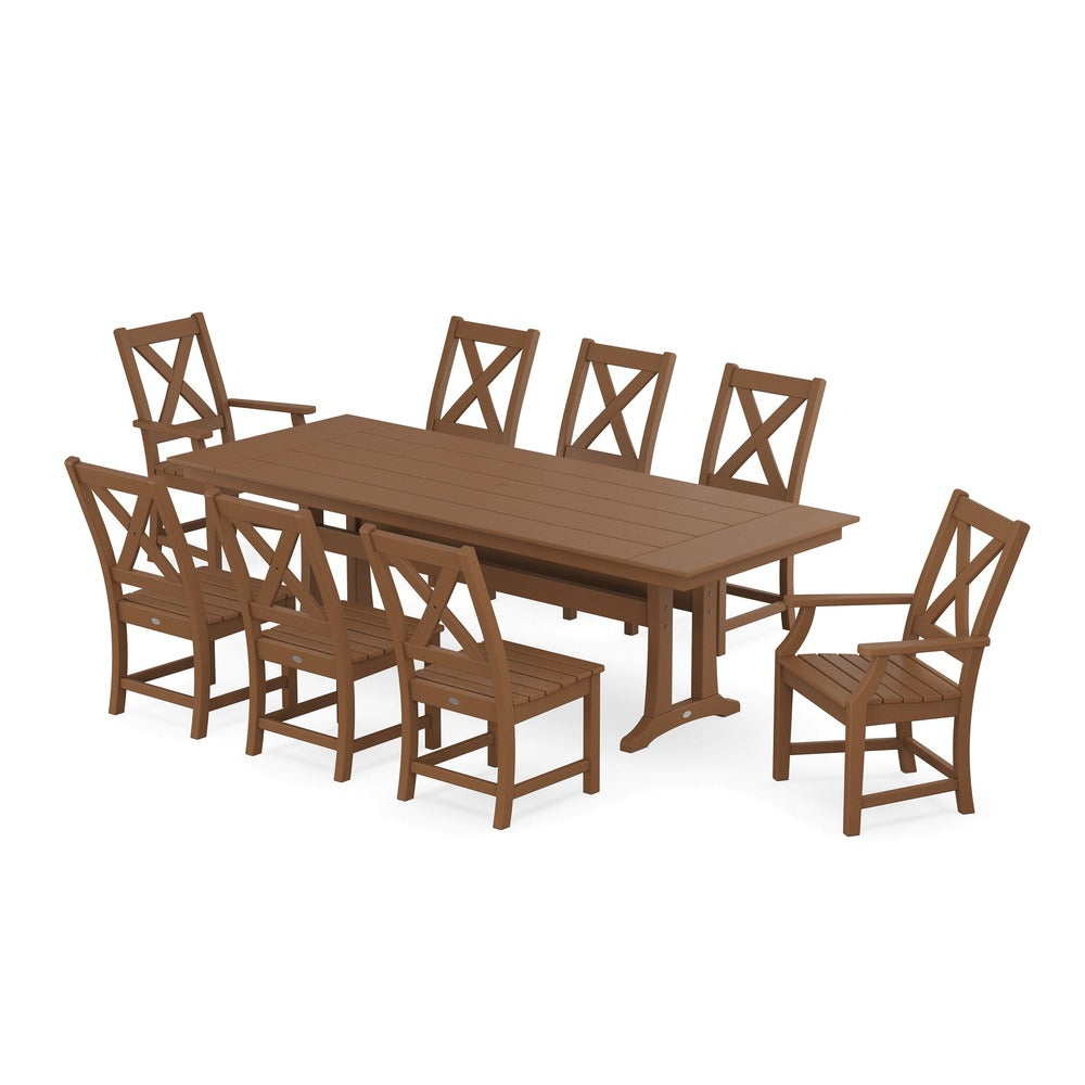 POLYWOOD® Braxton 9-Piece Farmhouse Dining Set with Trestle Legs - Teak PWS1433-1-TE