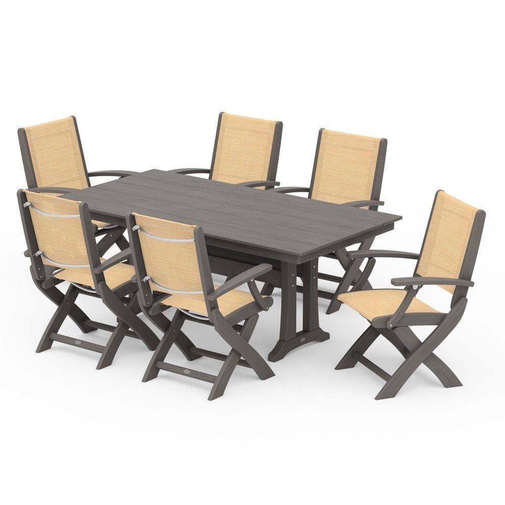 POLYWOOD® - Coastal Folding Arm Chair 7-Piece Farmhouse Dining Set with Trestle Legs - PWS292