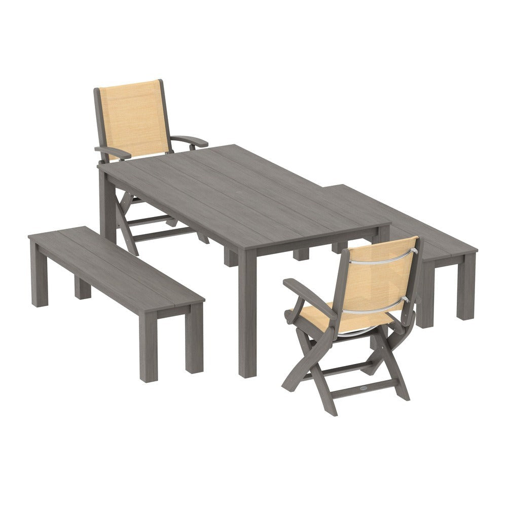 POLYWOOD® - Coastal Folding Chair 5-Piece Parsons Dining Set with Benches - PWS2273