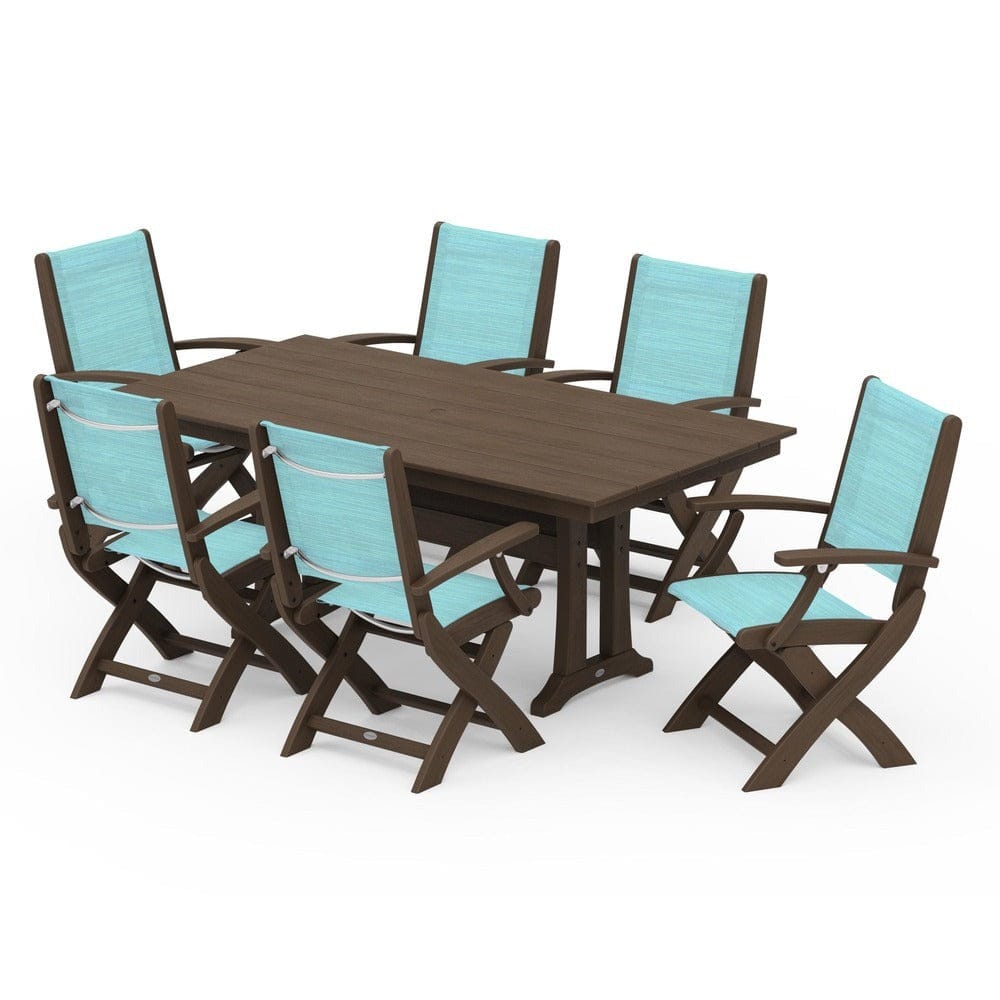POLYWOOD® - Coastal Folding Arm Chair 7-Piece Farmhouse Dining Set with Trestle Legs - PWS292