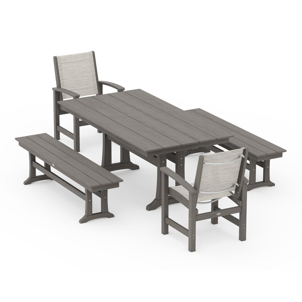 POLYWOOD® - Coastal 5-Piece Farmhouse Dining Set with Trestle Legs and Benches - PWS1000