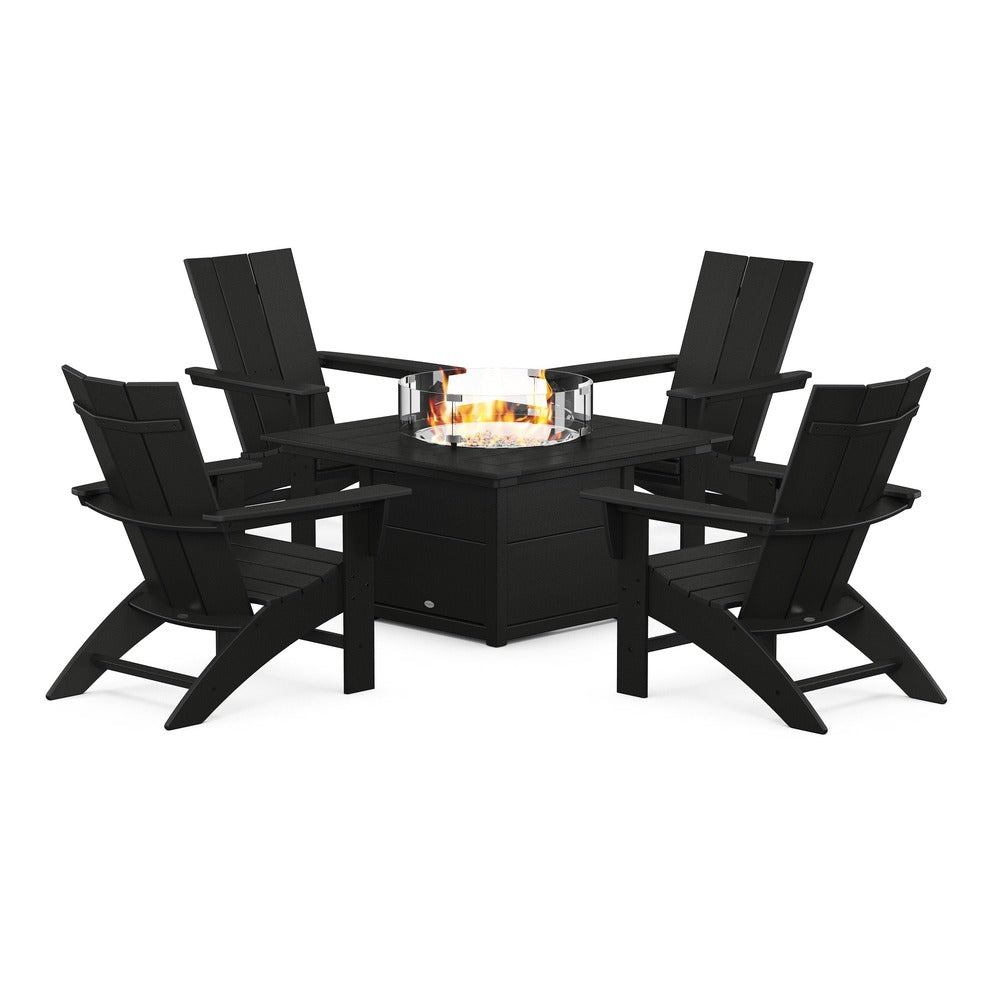 POLYWOOD® Modern Curveback Adirondack 5-Piece Conversation Set with Fire Pit Table - PWS412-1 Fire Table POLYWOOD®