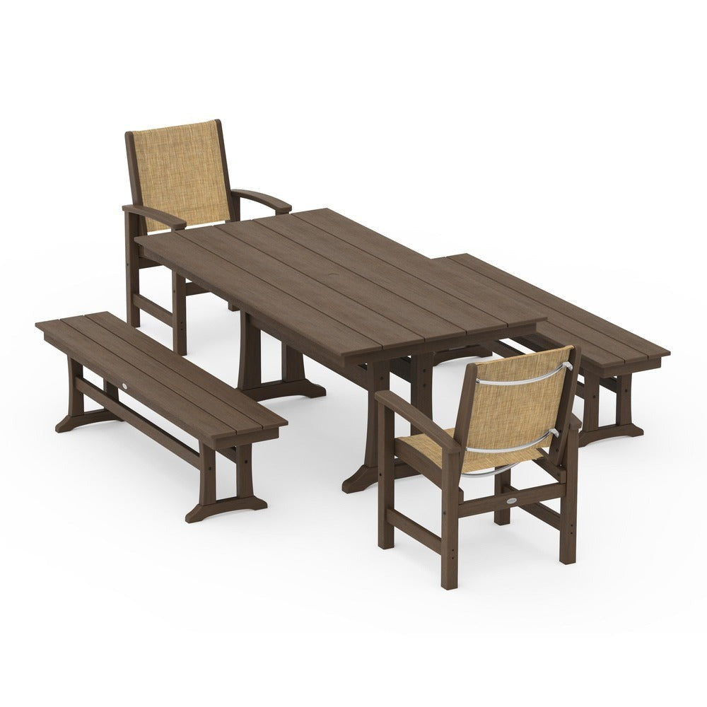 POLYWOOD® - Coastal 5-Piece Farmhouse Dining Set with Trestle Legs and Benches - PWS1000