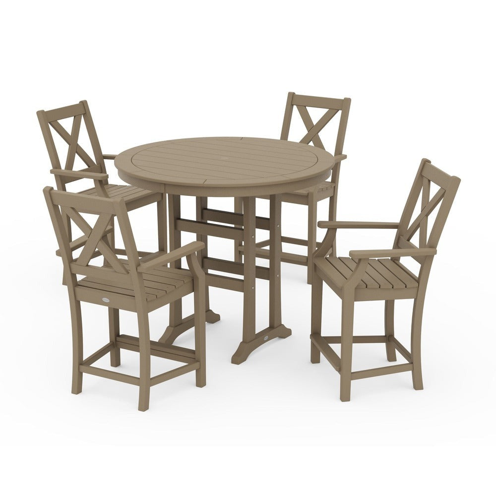 POLYWOOD® Braxton 5-Piece Nautical Trestle Arm Chair Counter Set - Vintage Sahara PWS511-1-VSH