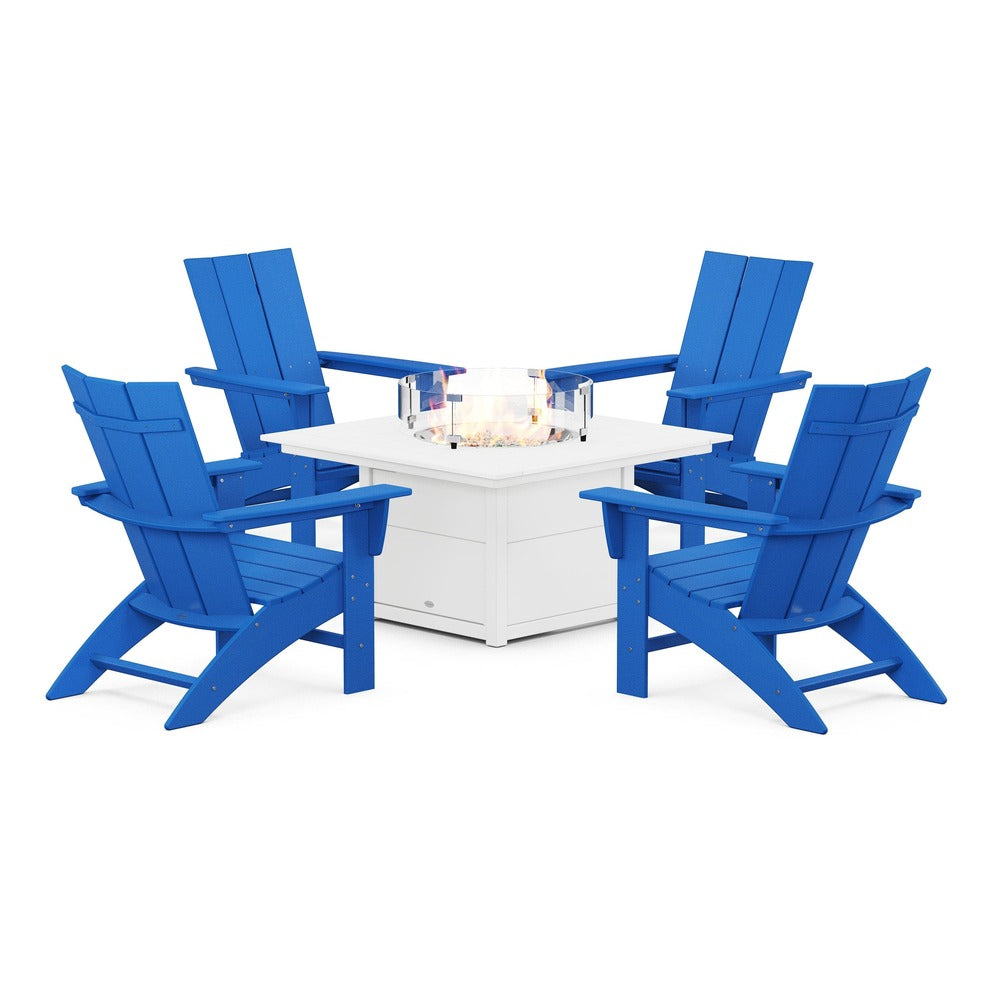 POLYWOOD® Modern Curveback Adirondack 5-Piece Conversation Set with Fire Pit Table - PWS412-1 Fire Table POLYWOOD®