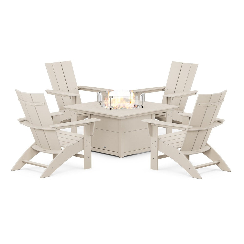 POLYWOOD® Modern Curveback Adirondack 5-Piece Conversation Set with Fire Pit Table - PWS412-1 Fire Table POLYWOOD®