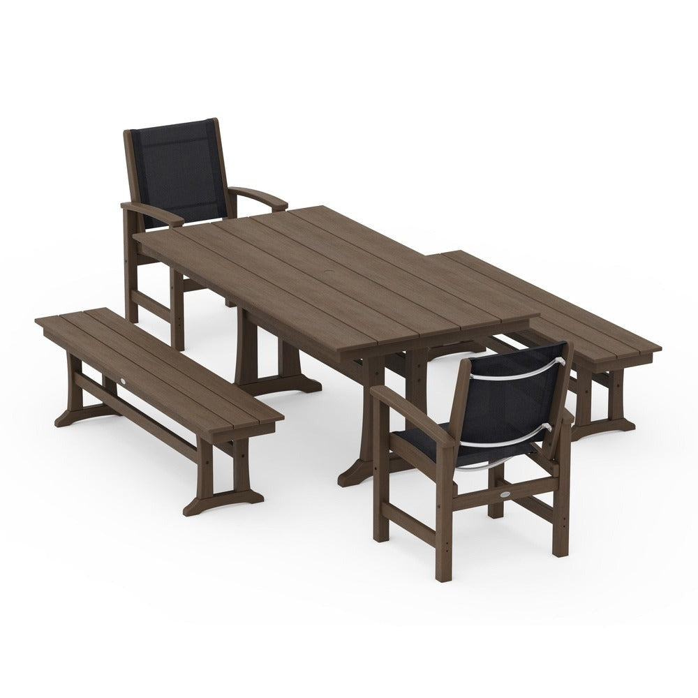 POLYWOOD® - Coastal 5-Piece Farmhouse Dining Set with Trestle Legs and Benches - PWS1000