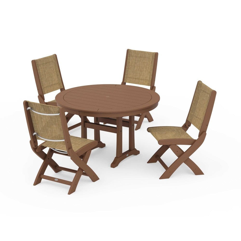POLYWOOD® - Coastal Folding Side Chair 5-Piece Round Dining Set With Trestle Legs - PWS1121 Outdoor Furniture POLYWOOD®