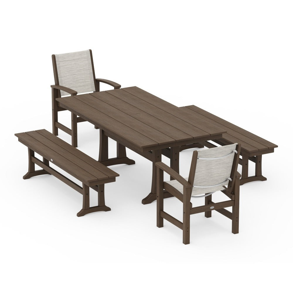 POLYWOOD® - Coastal 5-Piece Farmhouse Dining Set with Trestle Legs and Benches - PWS1000