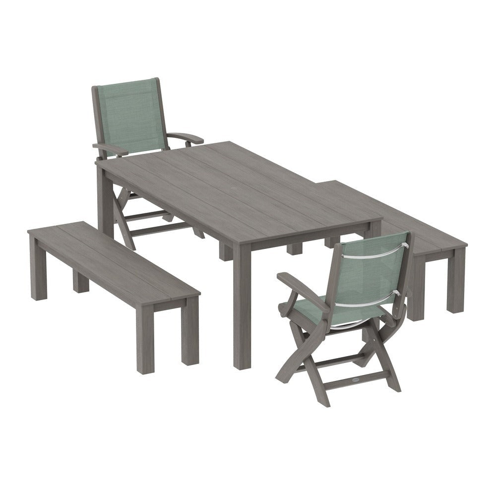 POLYWOOD® - Coastal Folding Chair 5-Piece Parsons Dining Set with Benches - PWS2273