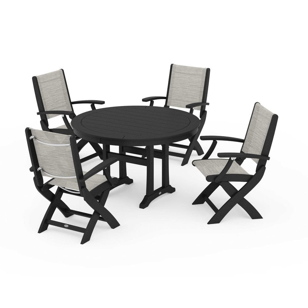 POLYWOOD® - Coastal Folding Chair 5-Piece Round Dining Set with Trestle Legs - PWS1120 Outdoor Furniture POLYWOOD®