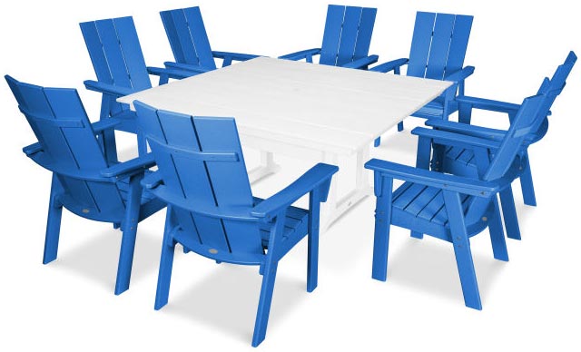 Polywood® Dining Set - Modern Curveback Adirondack Farmhouse Trestle - Pacific Blue