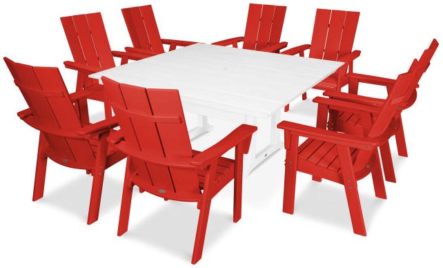 Polywood® Dining Set - Modern Curveback Adirondack Farmhouse Trestle - Sunset Red